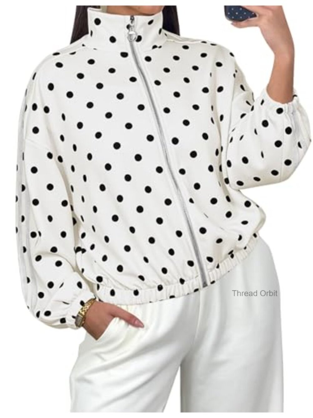 Lauweion Women's Oversized Polka Dot Zip Up Sweatshirt Lightweight Jacket